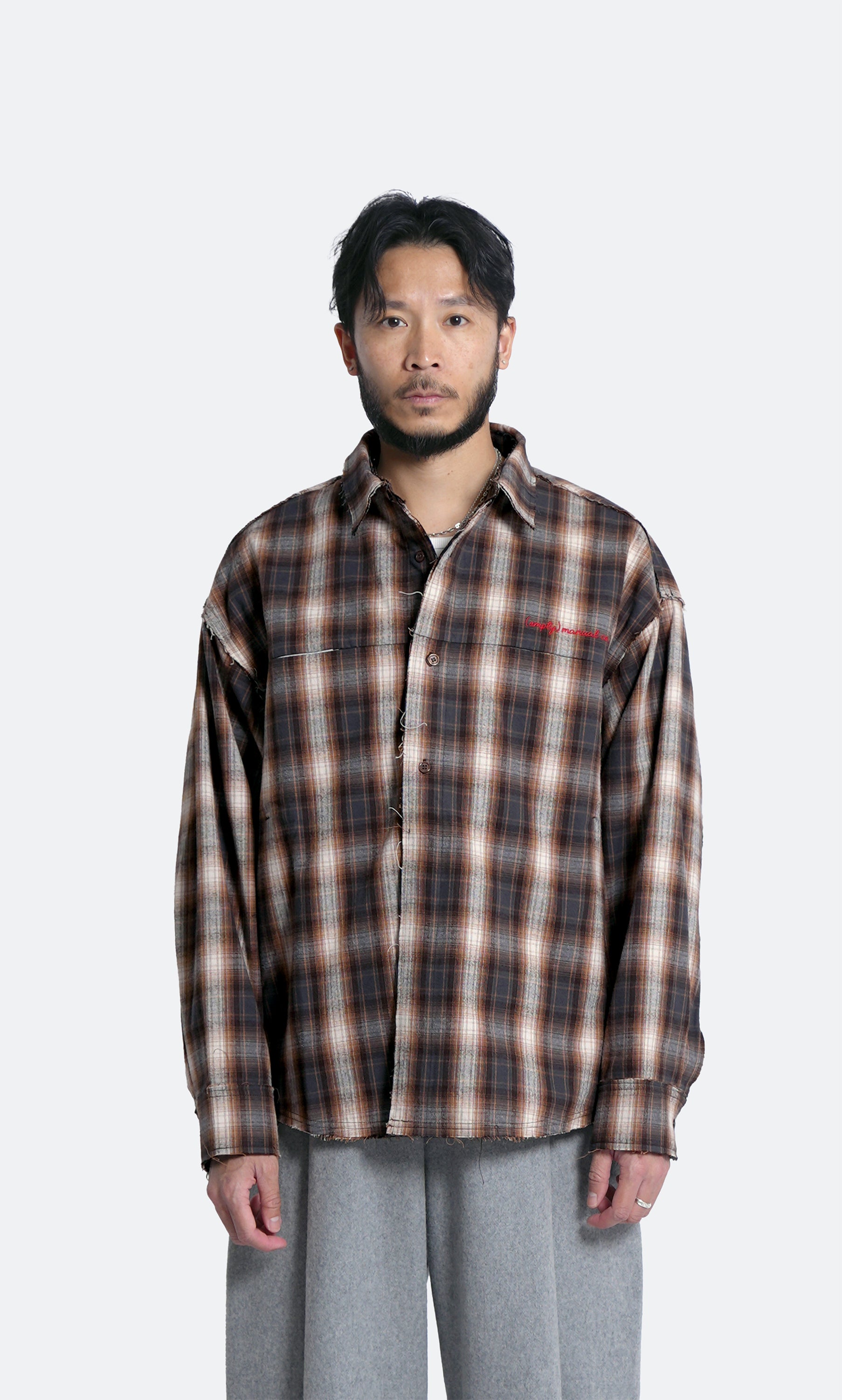 distressed ombre check shirt - brown, grey & white