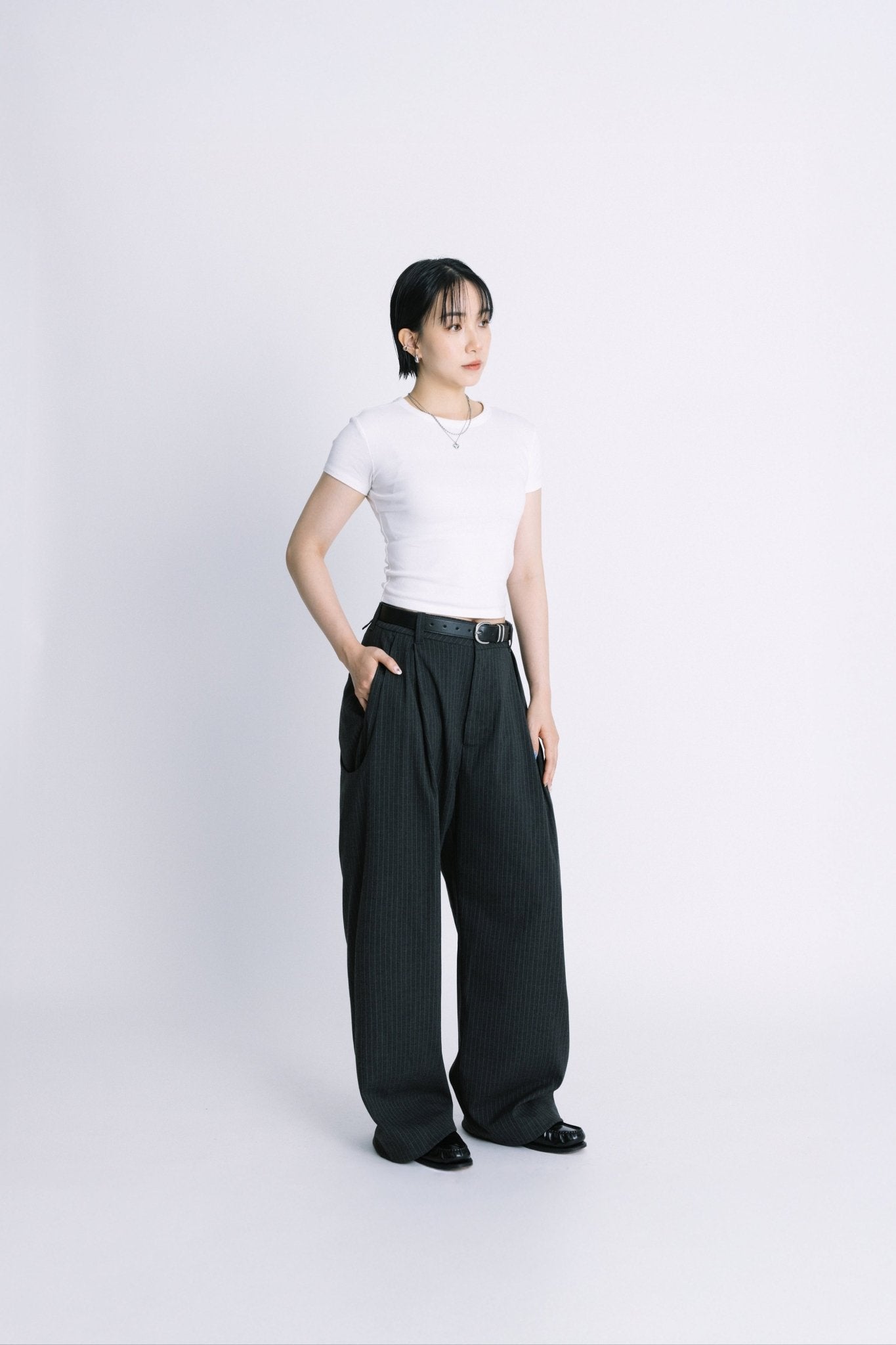 (empty) manual co. UU wide tailored pants/ charcoal stripe - GROGROCERY
