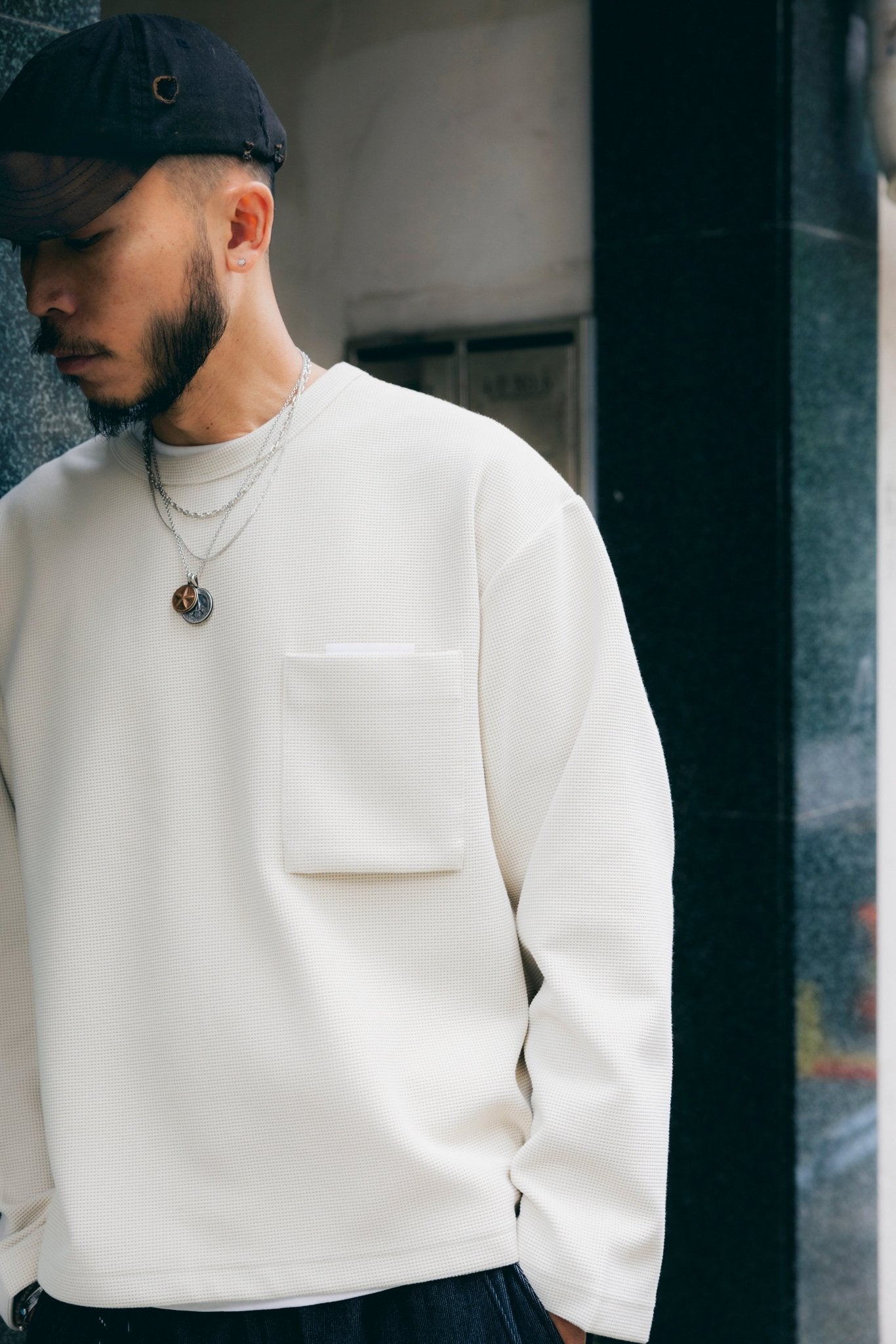 (empty) manual co. waffle pocket L/S tee/ beige - GROGROCERY