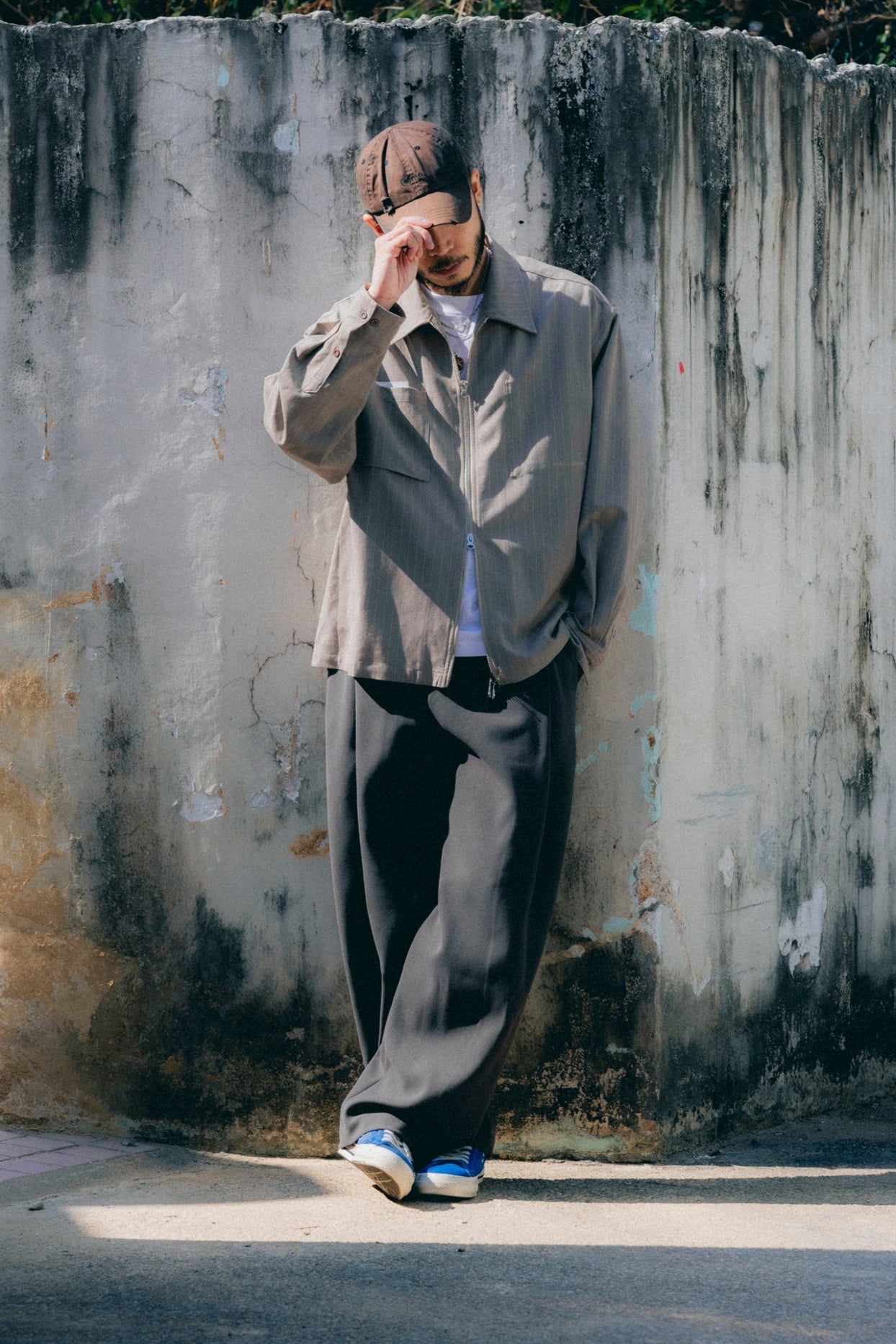 (empty) manual co. zip up shirt jacket/ latte brown pinstripes - GROGROCERY