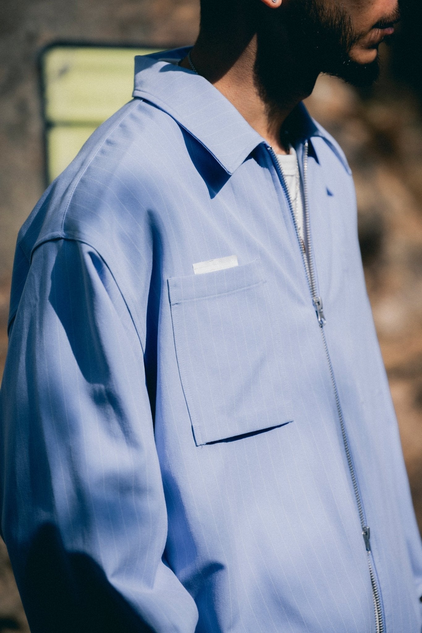 (empty) manual co. zip up shirt jacket/ light steel blue pinstripes - GROGROCERY