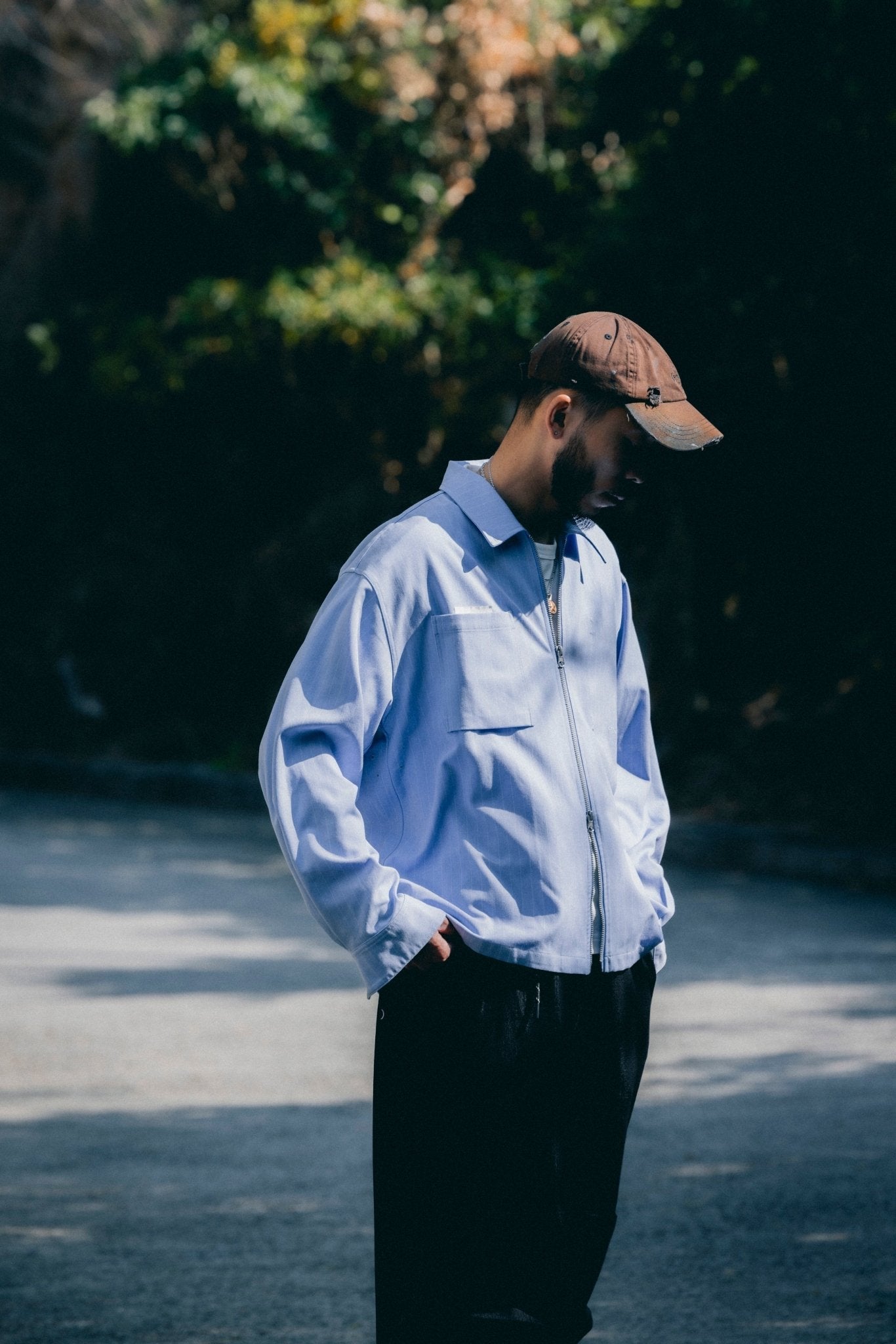 (empty) manual co. zip up shirt jacket/ light steel blue pinstripes - GROGROCERY