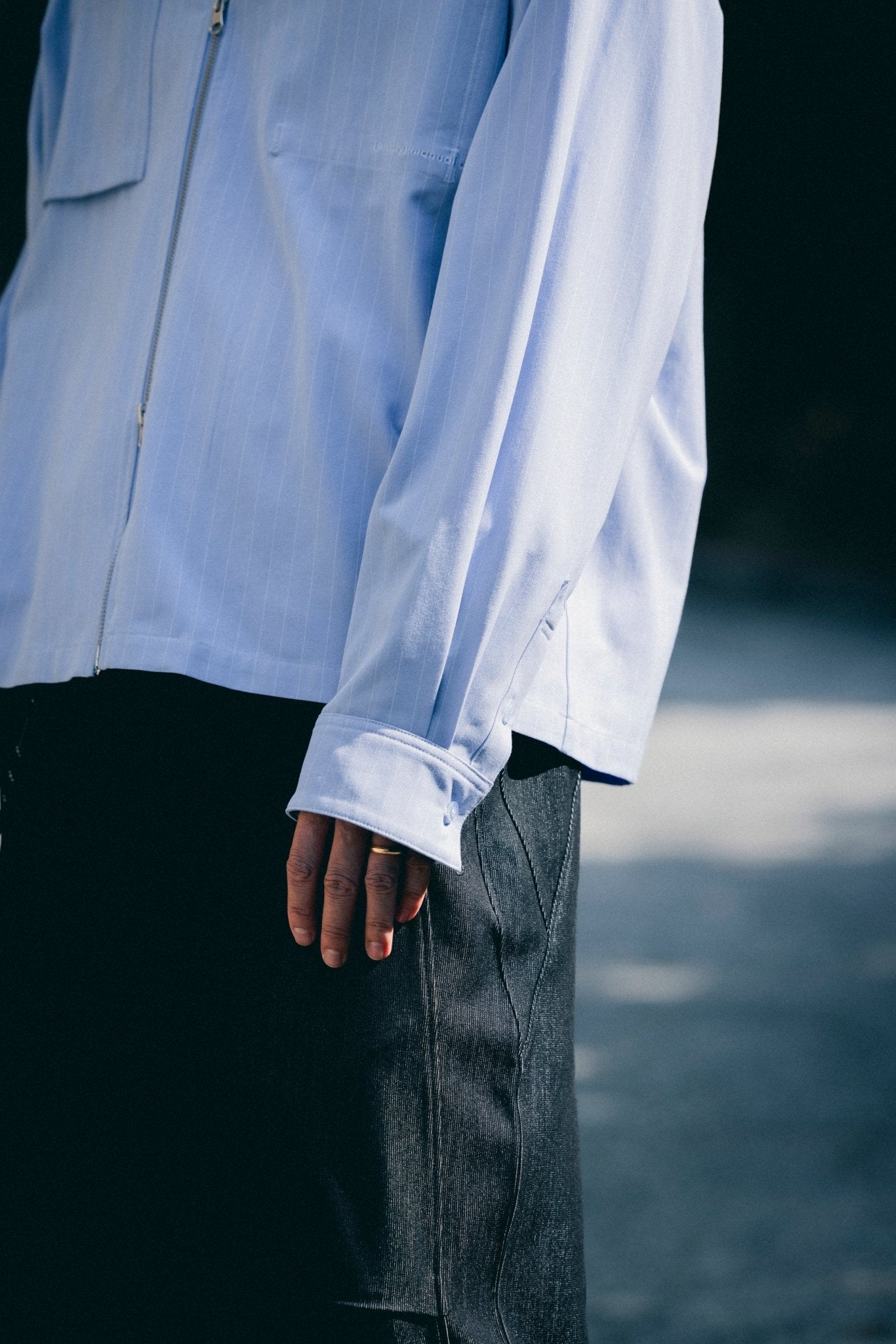 (empty) manual co. zip up shirt jacket/ light steel blue pinstripes - GROGROCERY